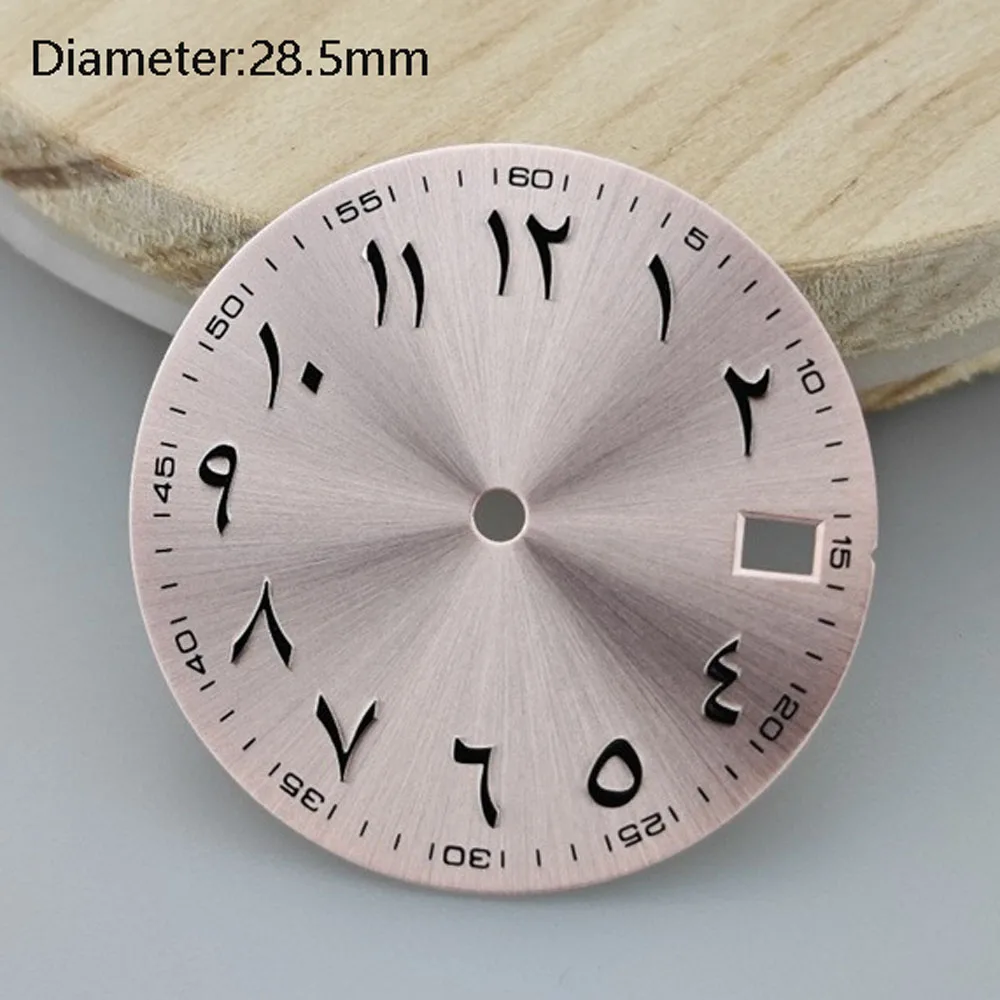 28.5mm NH35 다이얼 올리브 그린 핑크 스테인레스 스틸 아랍어 스케일 다이얼 NH35 자동 무브먼트 watchmods 로고를 사용자 정의 할 수 있습니다