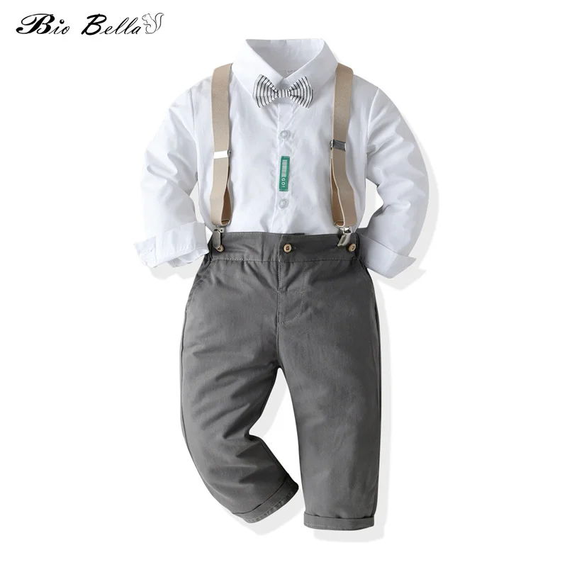 Kids Boys Clothing Set Toddler Cotton Suspender Decor Boy Suits Spring Autumn Casual Long Sleeve Blouse+Pants 2pcs Suit