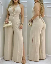 2023 Women Jumpsuits Lace Trim Buttoned Backless Slit Jumpsuit Jumpsuit