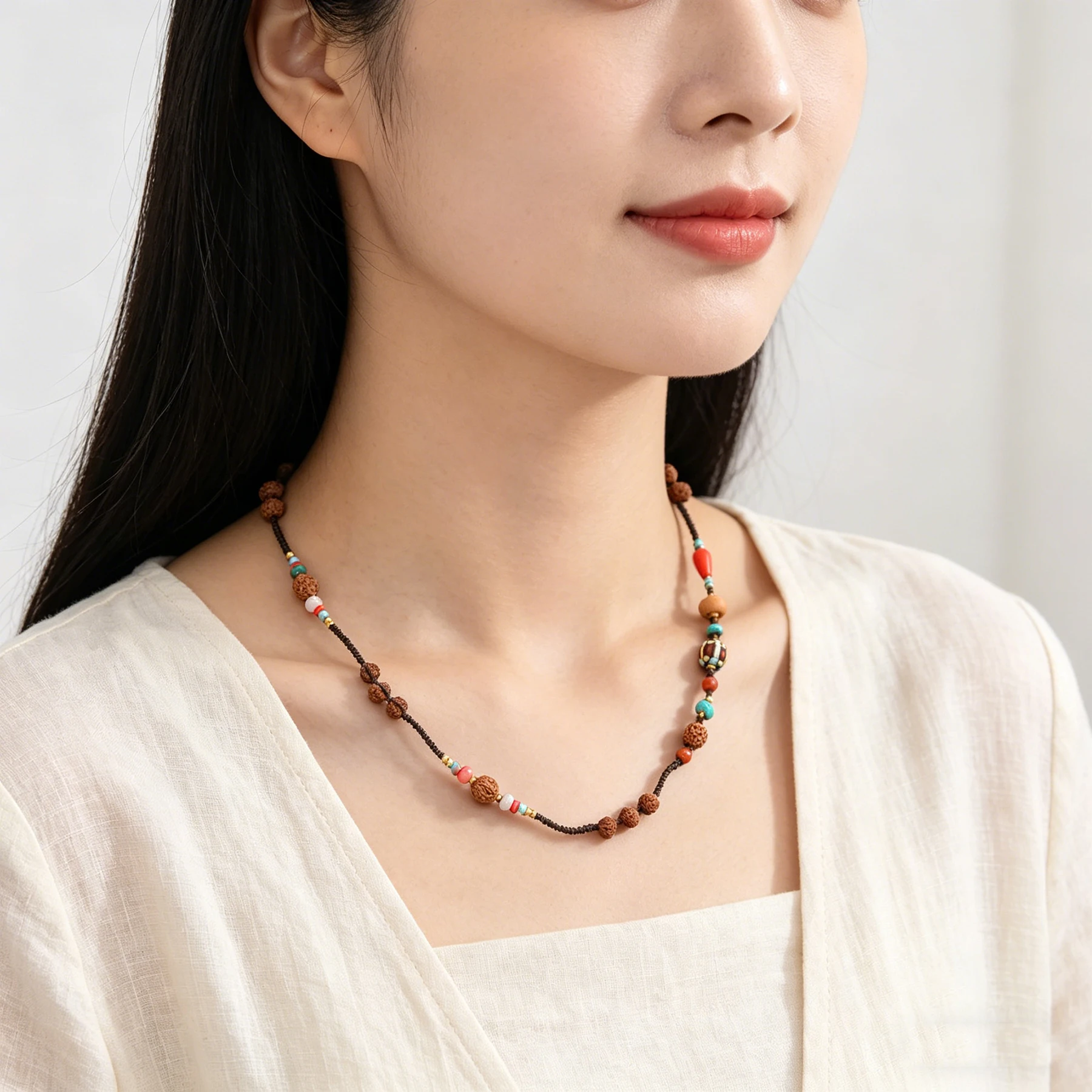 Collar choker vintage con cuentas de Rudraksha tibetanas, tejido a mano, con piedras turquesa multicolor y madera, estilo bohemio, accesorio de joyería informal.