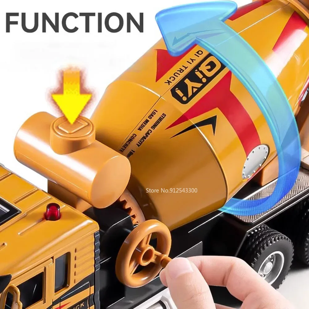1:40 Scale Electric Cement Mixer Truck Model Toy Sound Light Pull Back Automatic Discharge Engineering Vehicle for Boys Gifts