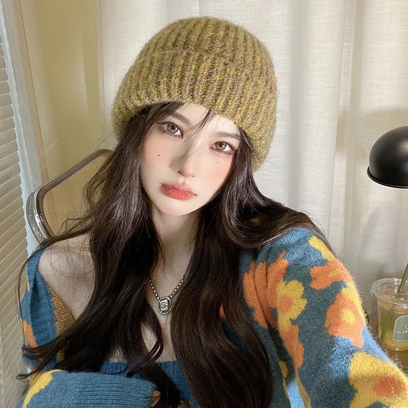Vintage Heather Mix‑Color Ribbed Knit Beanie for Women Thick Roll‑Up Cuff Slouchy Knitted Hat Multicolor Winter Street Headwear