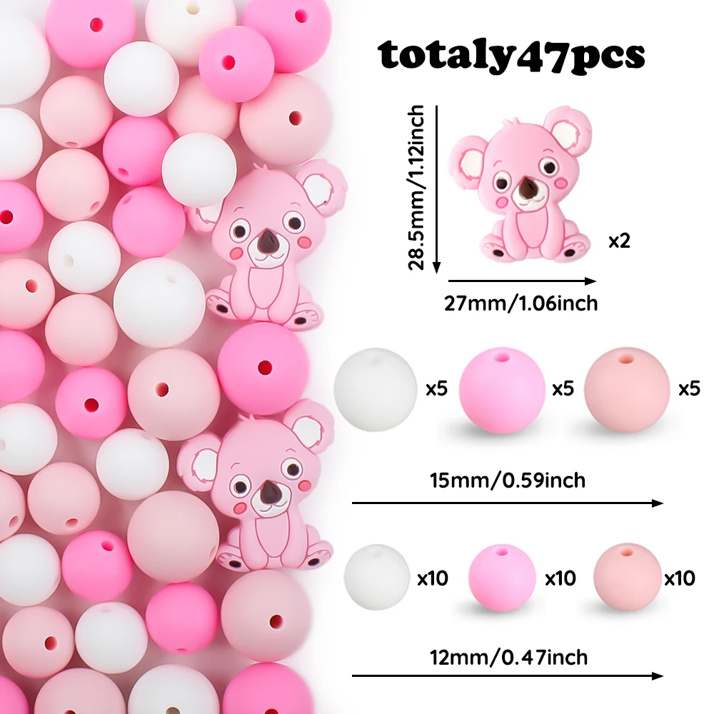 47Pcs/Set Koalas Silicone Beads Set Animals Fcoal Beads Baby Teething Teether DIY Pacifier Chain Necklace Bracelet Accessories