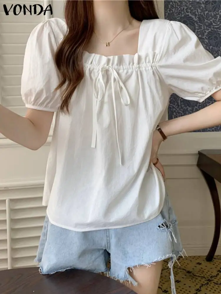 VONDA 2024 Summer Ruffle Tops Women Casual Short Sleeve Blouses Sexy Square Neck Lace Up Shirt Fashion Casual Solid Color Blusas