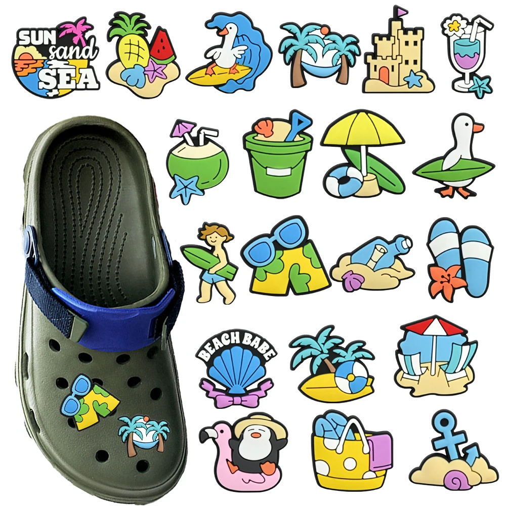 Nouvelles 20 pièces d'accessoires de chaussures en PVC à motif dessin animé, série tourisme estival, avec trous, bracelets DIY détachables, décorations créatives pour chaussures