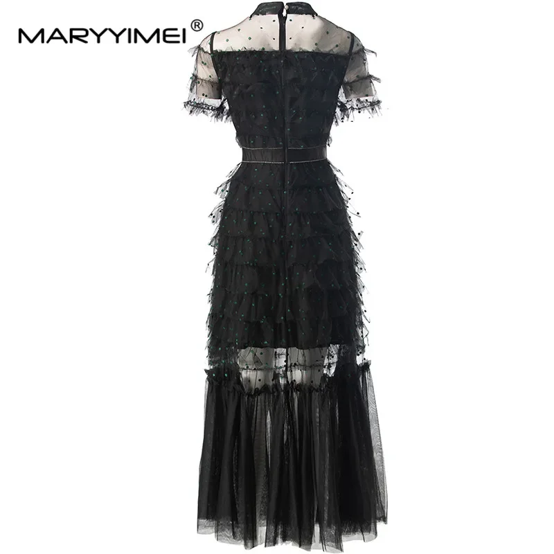 MARYYIMEI Arco Beading Botão Em Camadas Babados Vestido Feminino de Manga Curta Malha Vintage Temperamento Vestidos de Baile de Verão