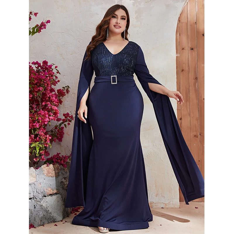 

Elegant Women V Neck High Waist Blue Sequined 2024 Cocktail Prom Formal Occasion Evening Party Long Maxi dresses female vestidos