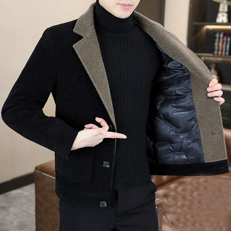 

New 2024 Winter Men's White Duck Down Liner Woolen Coats Outwear Windproof Warm Puffer Jacket Causal Thicken Slim Short Overcoat