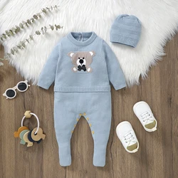 Baby Rompers Long Sleeve Autumn Winter Blue Crew Neck Knitted Newborn Infant Kids Boys Jumpsuits Playsuits Hats Clothes Set 2pcs