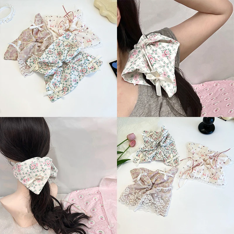 

AISHG Floral Square Scarf Hair Loop for Women's New Korean Gentle Temperament Tied Ponytail Headband Girl Hair Accessory