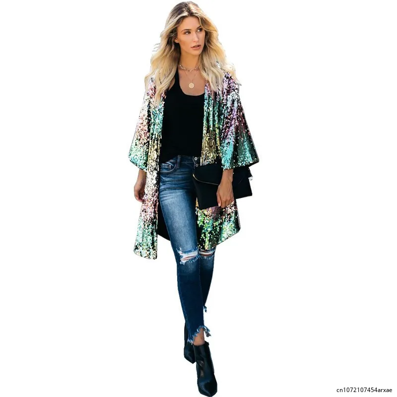 Sexy V Neck Glitter Sequin Jackets Coat for Women Flare Sleeve Shining Paillette Jacket Stylish Party Kimono Mujer Club Wear