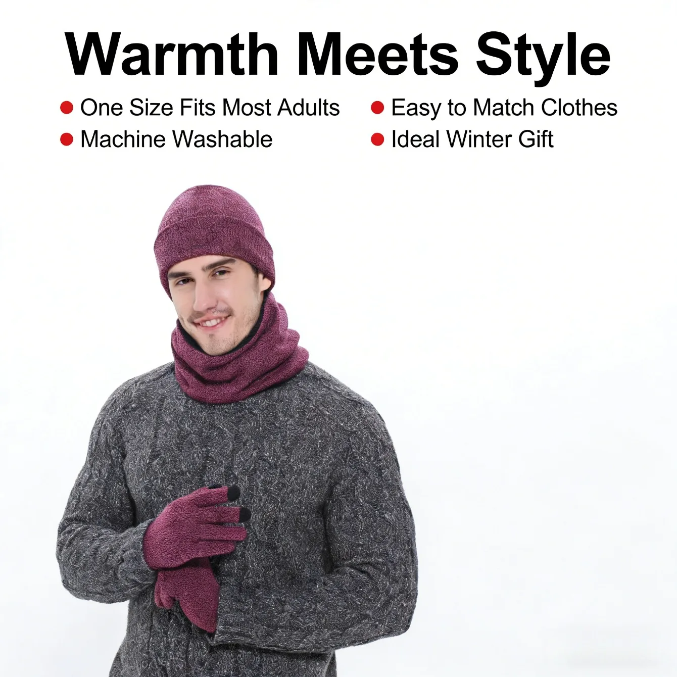 European And American Knitted Three Piece Set Thickened Acrylic Yarn Winter Commuting And Travel One Size