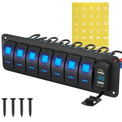 DaierTek 7 Gang Rocker Switch Panel Marine Boat Switch Panel Waterproof with USB Charger Voltmeter for Auto Vertical UTV Truck