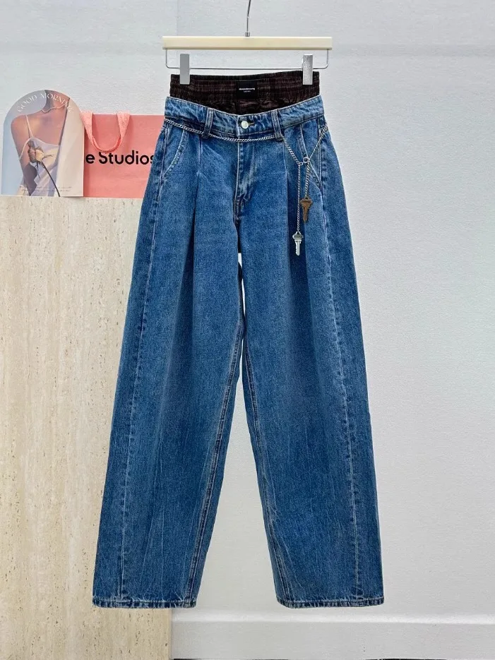 

High Waist Straight Leg Jeans Women's Loose Splice Elastic Double Waist Head Wide Leg Floor-Length Pants Summer Faion