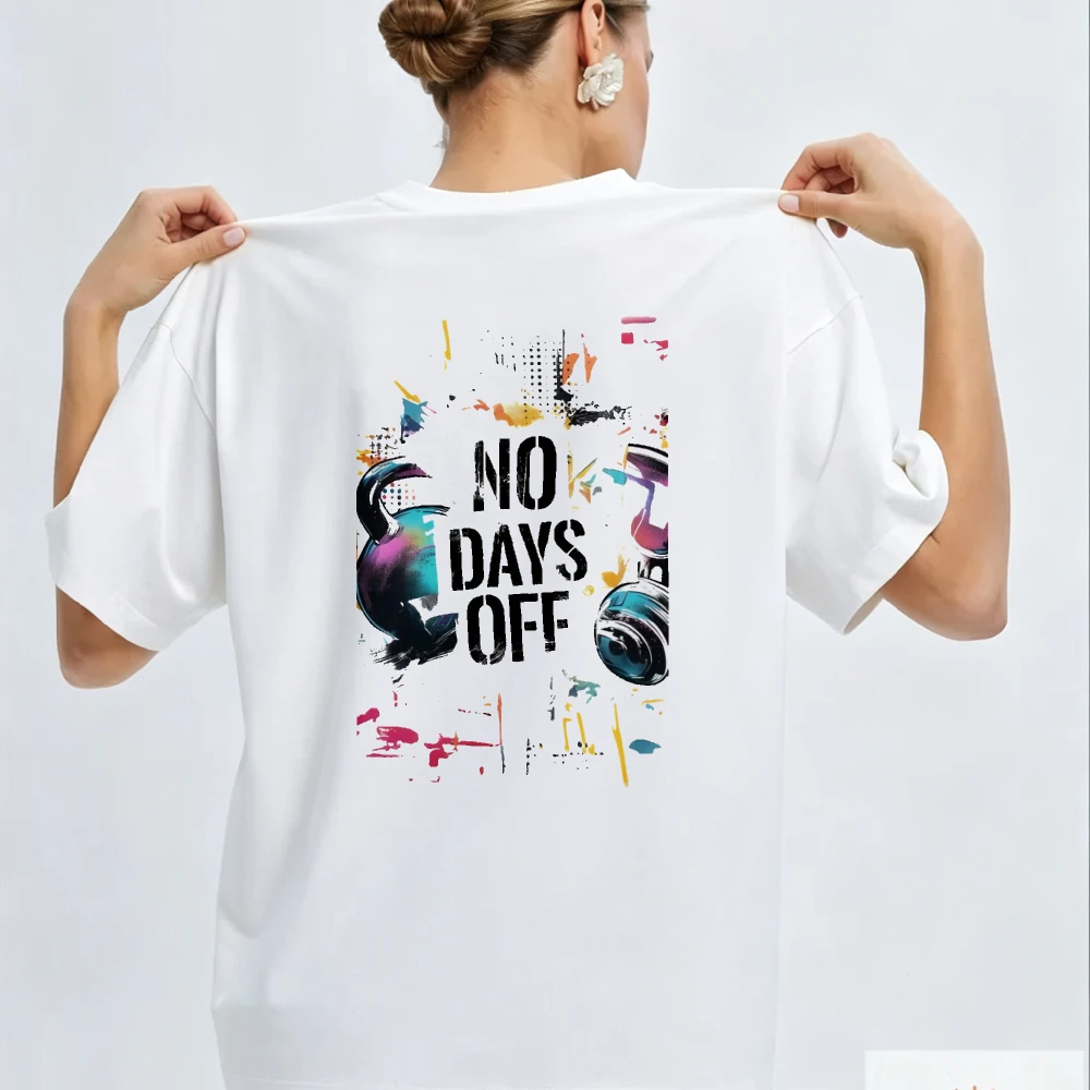 Abstract Paint Splatter T Shirt with Bold No Days Off Text Dumbbell Graphic Crew Neck Short Sleeve White Gothic Shirts for Women