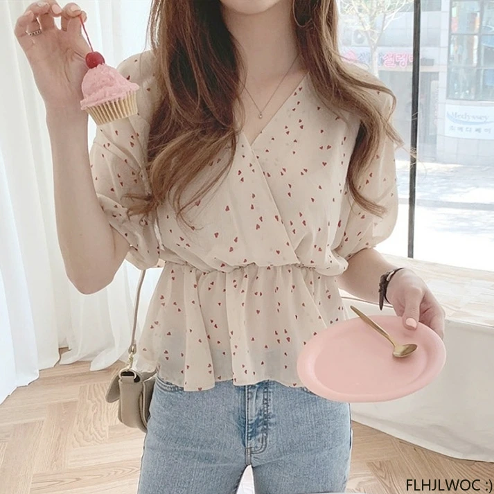 V Neck Peplum Ruffled Tops Woman Summer Short Sleeve Cute Sweet Korean Japan Preppy Style Girls Polka Dot Blouse Shirt 6118