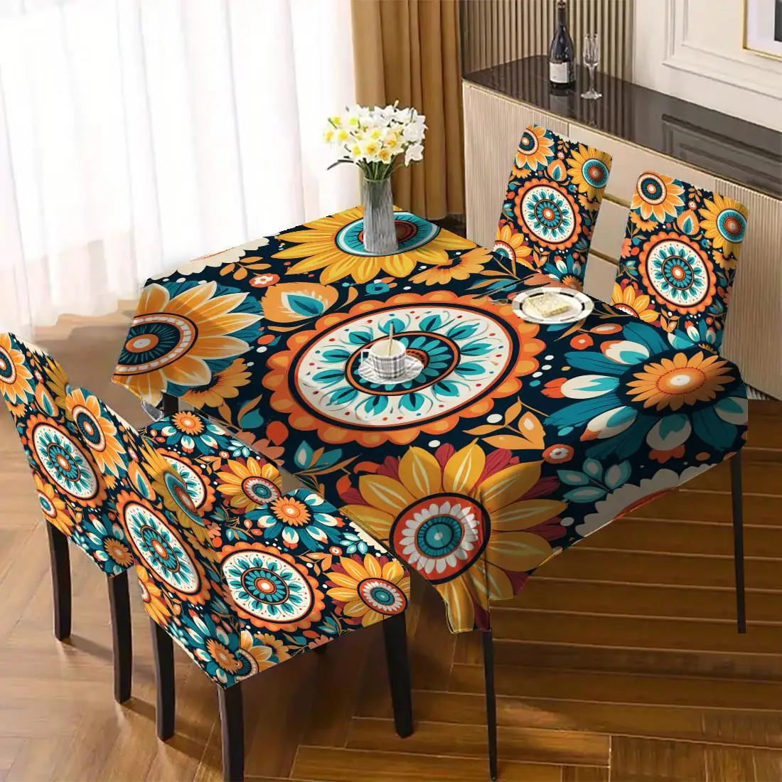 

Print Tablecloth Chair Cover Kitchen Dining Table Decorations Print Chair Cover Home Rectangular Flowers Table Cover 5-piece set
