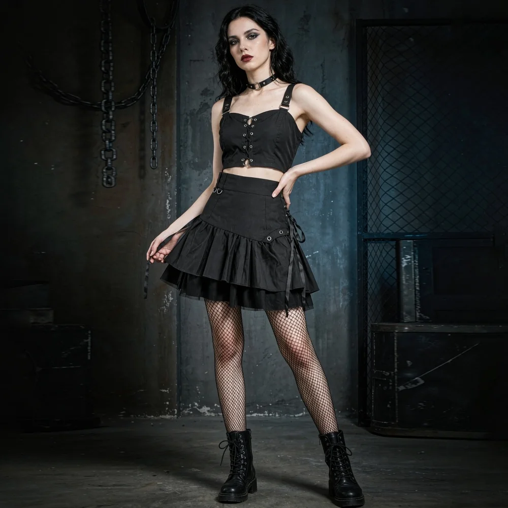 Ladies High Waist Gothic Ruffle Tiered A-Line Mini Skirt Solid Criss Cross Tie Up Pleated Street Retro Elegant Fashion
