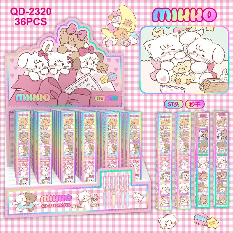 New 36pcs Sanrio Hellokitty Mikko Press Pen Stationery Cartoon Cinnamoroll Press Neutral Pen St Quick Drying Signature Pen Prize