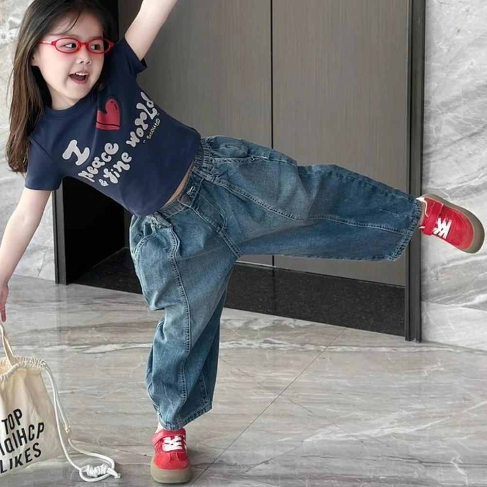 Girls' Summer Thin Pants 2025 New Stylish Baby Korean Version Loose Jeans Children's Casual Wide Leg Pants