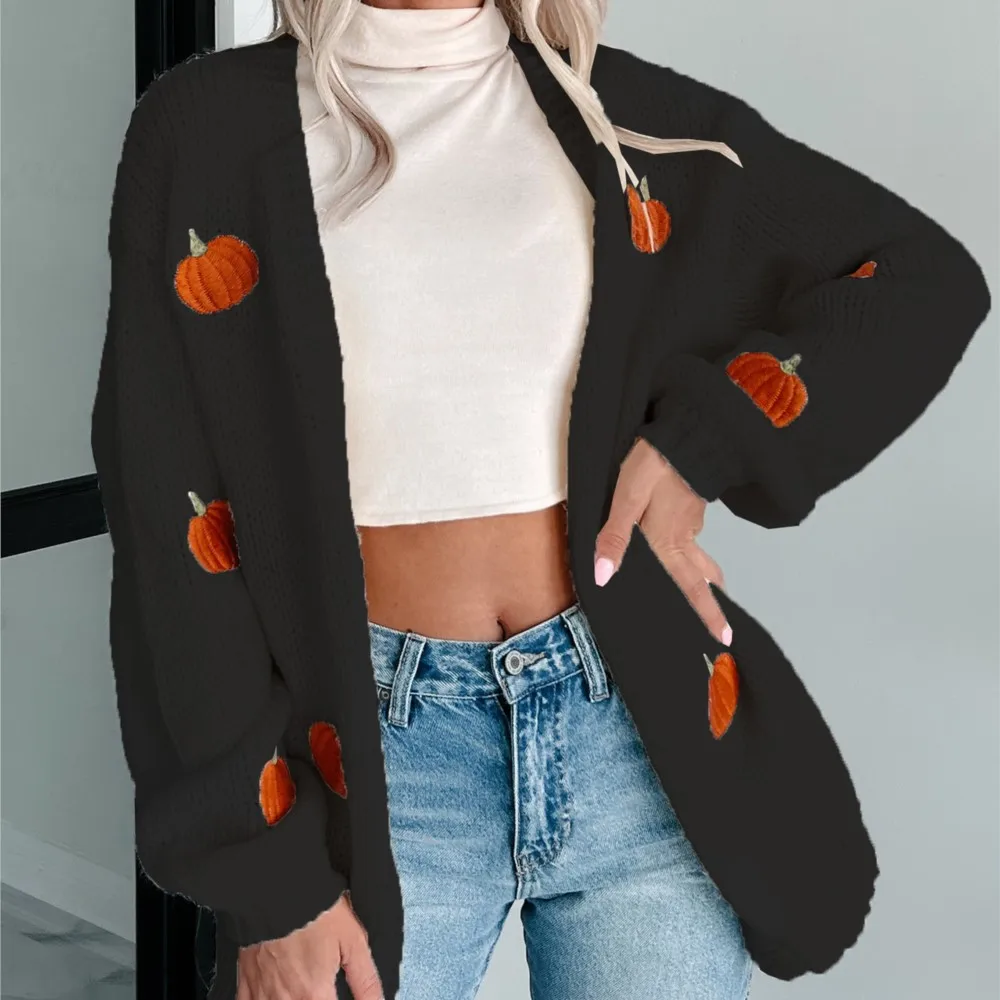 Suéter de punto tridimensional bordado de calabaza de Color sólido para mujer, cárdigan, suéter, chaqueta de manga larga, combina con todo, suelto