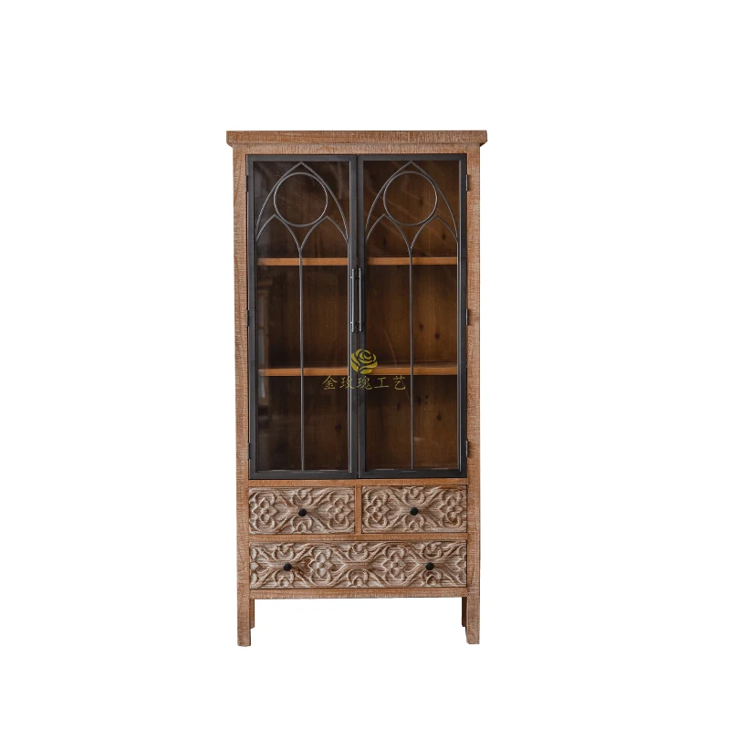 Retro French entrance cabinet home carved glass wine cabinet living room against the wall home homestay solid wood dining side c