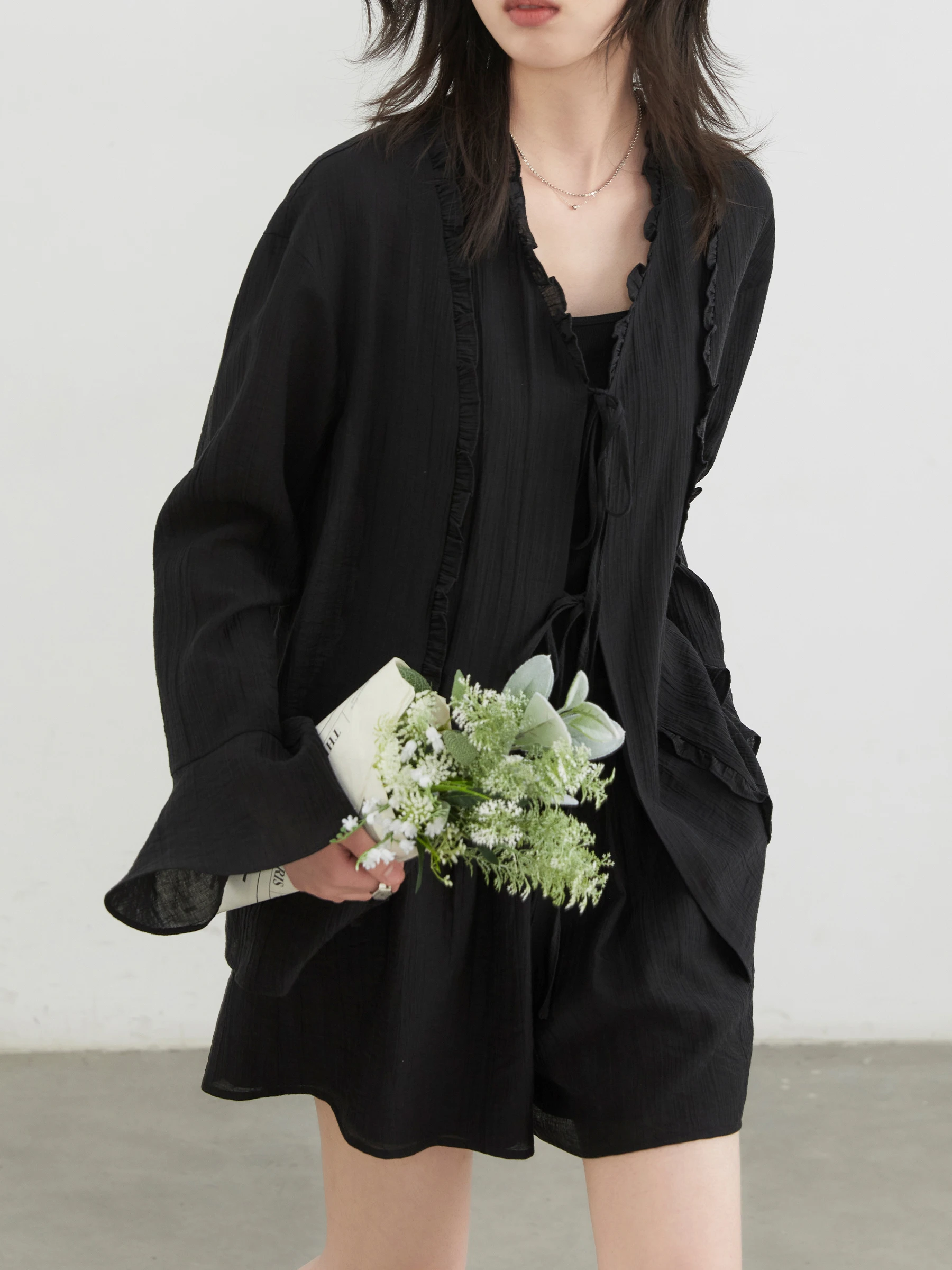 CHIC VEN Women Shirt Long Sleeve Loose Casual New Texture Ruffle Lace Up Blouses V Neck Female A Line Shorts Spring Summer 2025