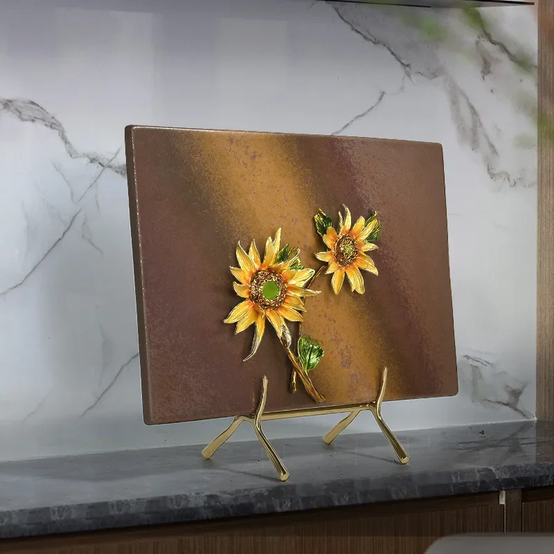 Handmade Ceramic Sunflower Plate Enamel Art Decor for Living Room TV Cabinet Wine Rack Porch Display High End Home Ornament