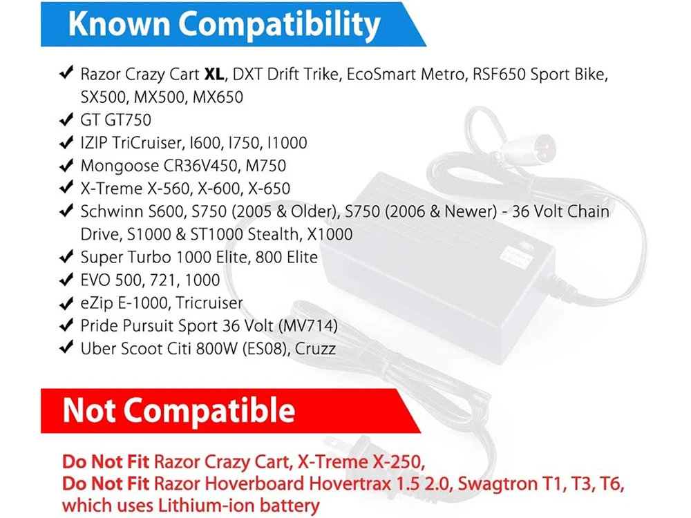 36V 2A Battery Charger for Razor MX500, MX650, GT GT750, IZIP I600, I1000, Mongoose M750, X-Treme X-600, Schwinn S600 ST1000