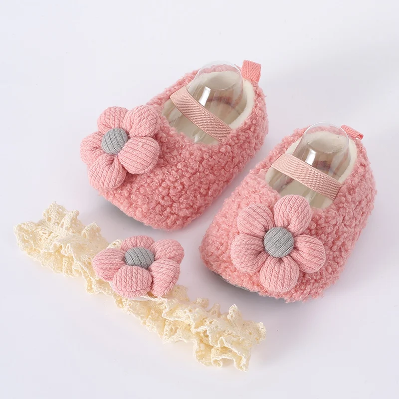 Winter Baby Girls Cotton Shoes Warm Plush Flower Toddlers Prewalkers Baby Shoes Infant Soft Bottom First Walkers With Hairband