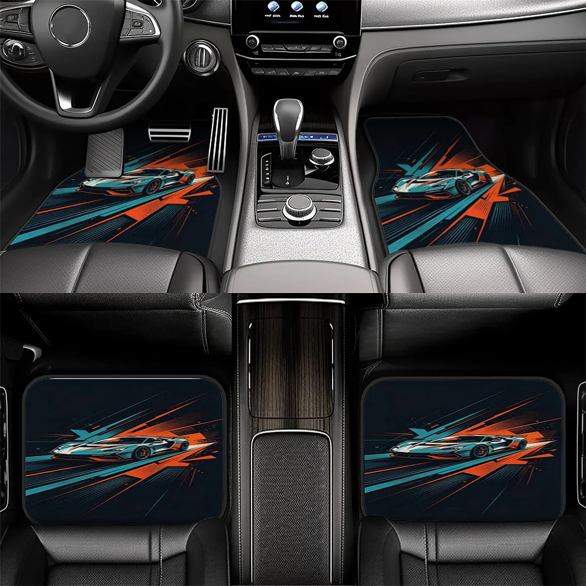 5pcs Car Floor Mats And Trunk Mat With Fast Supercar Dynamic Lines And Orange-Blue Light Effect Pattern, Made Of, All-Weather Pr