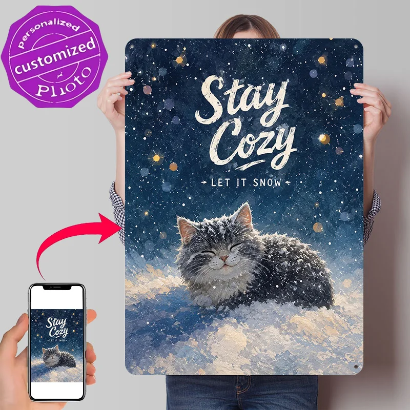 Cozy Cat in the Snow Personalized 3D Textured Metal Poster Wall Art Tinplate Sign for Gaming Room Decoration Man Vintage Decor