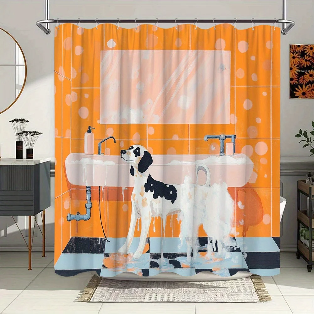 

1 шт. Грайкая черно-белая занавеска для ванной для собак — высококачественная занавеска для душа 70x70 дюймов с 12 крючками, ярко-оранжевый горошек,