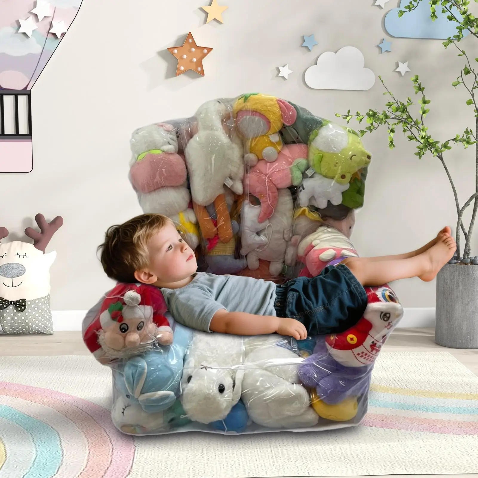 Klare, wasserdichte Stofftier-Aufbewahrungstasche mit Reißverschluss, großer Sitzsack, Spielzeug-Organizer für Schlafzimmer, Couch, Boden platzsparend