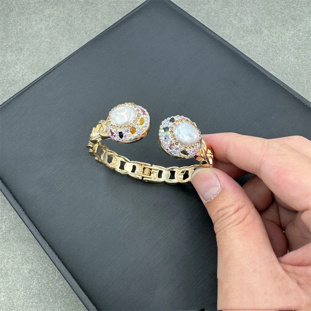 Natürliche barocke Süßwasserperlen-Armbänder, Armreifen, hohle Kette, voller Strass, Kristall, roher Turmalin-Stein, Modeschmuck