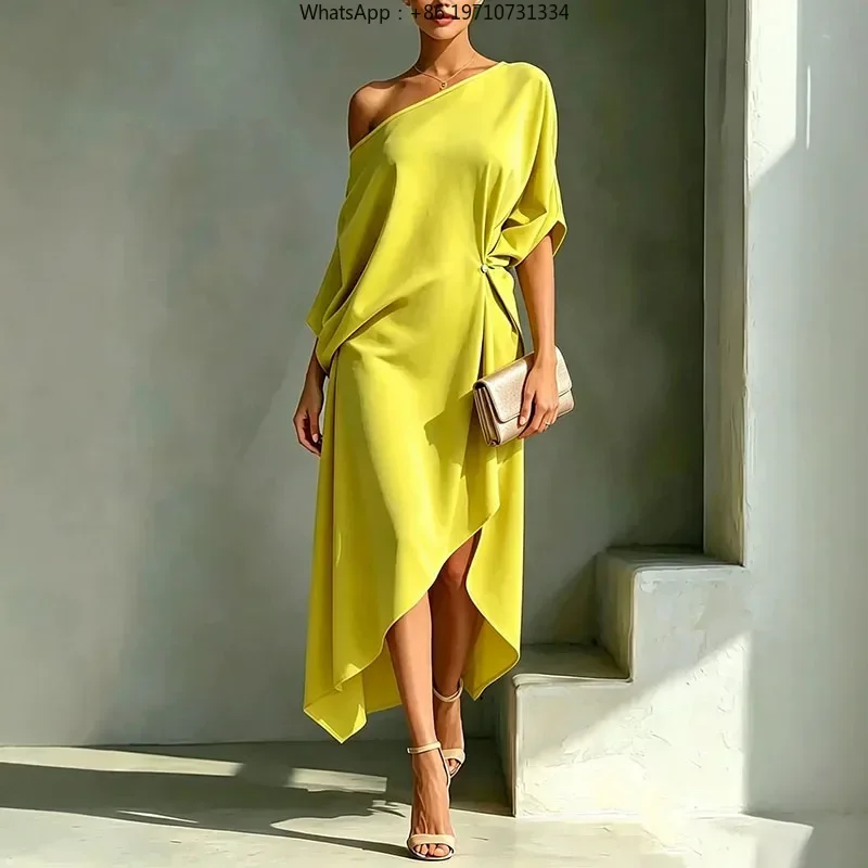 Women Cold Shoulder Midi Dress Solid Loose Draped Knot Waist Irregular Hem Holiday Guest Formal Dress