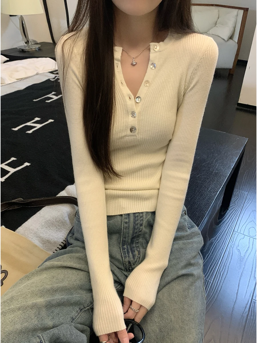 Korean Sle Slim Fit Knitted Sweater Women's Long Sve Button up Base Layer Top Ele White Design Autumn Winter Faion