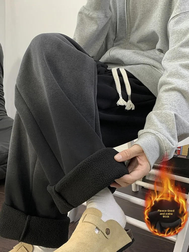 

Men's Thiened Fce Winter Straight Leg Pants American Retro adient Dir Knife Pants Trendy Loose Fit Trousers