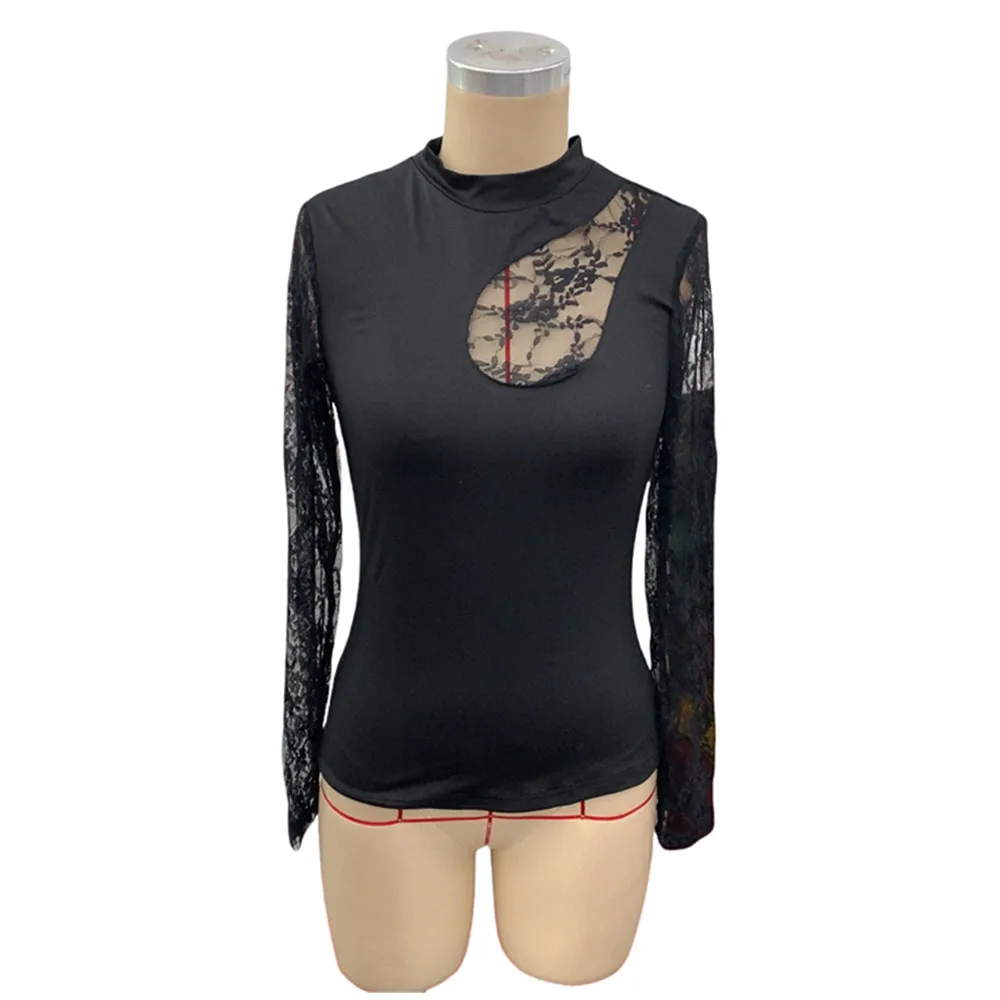 BKLD 2025 New Women Clothing Sexy Tops Fashion Black Lace Patchwork Irregular Collar T-Shirt Long Sleeve Tops Party Clubwear