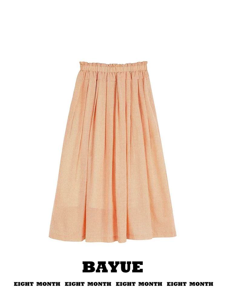 

Orange Plaid Pleated A-Line Skirt Japanese Gentle Style Beautiful Wood Grain Elastic Waist Slimming Long Skirt