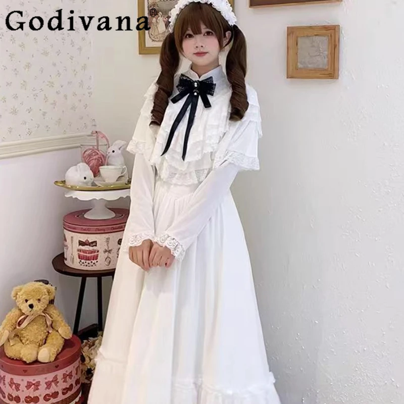 

Spring Summer Lolita Princess Dress Girls Lolita Sweet Cute Bow Lace Cape Dress Female Japanese Long Sleeve Waist Dress
