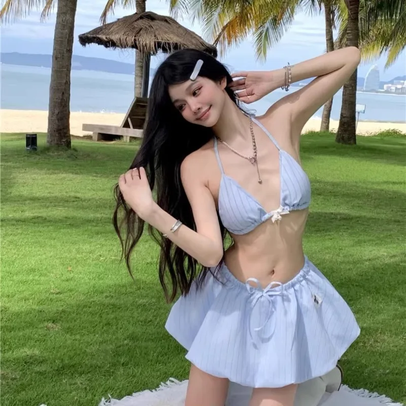 Pure Striped Bikini with Beautiful Water Color Scheme for Girls, High-end Vacation Style Swimsuit Split Set Pure Desire Swimsuit