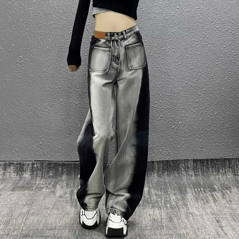 American Retro Contrasting Color High Waiste Straight Leg Wide Leg Jeans Spring Summer 2024 Women New Loose Slim Fit Pants