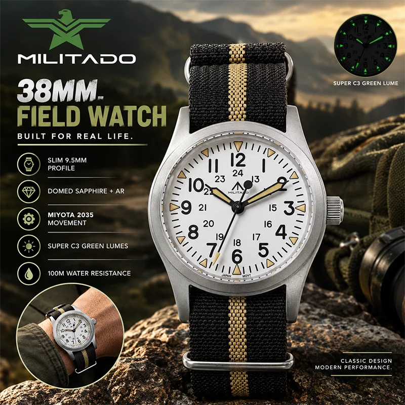 Militado ML05B 38mm Military Quartz Watches Miyota 2035 Movement Sapphire Crystal C3 Lumes Waterproof 100M Vintage Field Watch