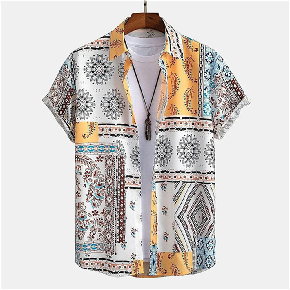 Ethnic Style Casual Fashion Short Sleeved Men\'s Shirt Summer Daily Loose Breathable Hawaiian Shirt Man Casual Men\'s Clothing Top