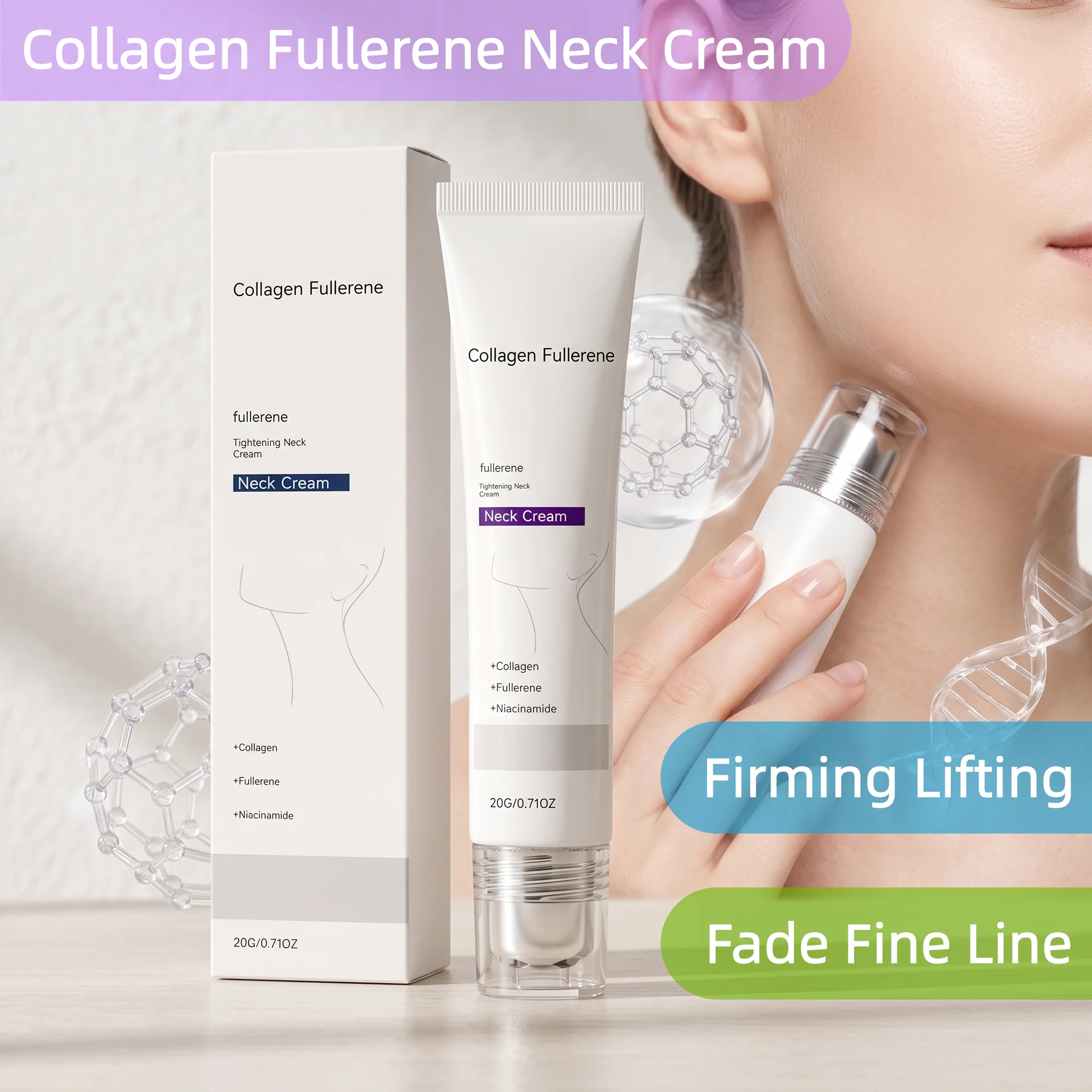 Collagen Fullerene Neck Cream,Firming Lifting Remove Double Chin Reduce Fine Line Repair Nourish Neck Lines Protein Cream Roller