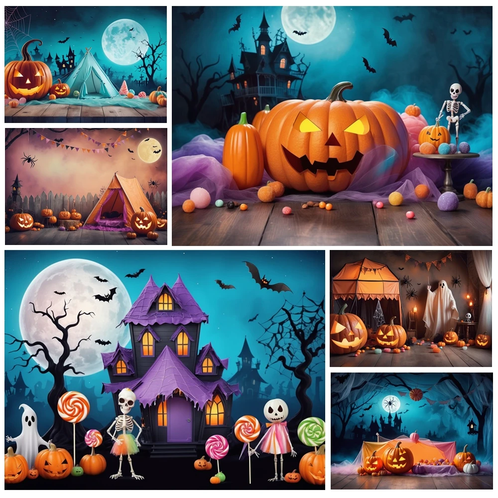 

MOON.QG Fantasy Halloween Night Photo Background Ghosts Skeletons Jack O'Lanterns Photography Backdrop Wallpaper Kids Photozone