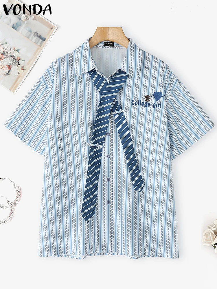 

VONDA Party Summer Stripe Shirt Fashion Tie Turn-down Collar Tops Women Shirts Short Sleeve Blusas Streetwear Tunic Oversize