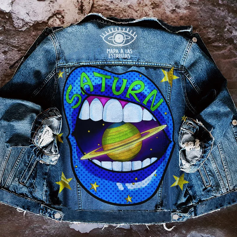 Jacketwomen's New Stylewomen's Denim Autumn New Hot Selling Street Fashion Personality Universe Pattern Printing Lapel Denim Jac