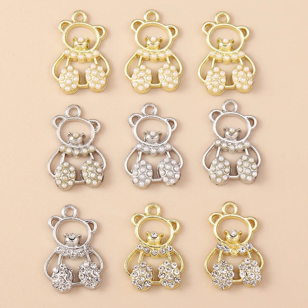 Leslie 4pcs Cute Clear Crystal Pearls Bear Charms Pendants of Necklace Earrings Bracelets DIY Jewelry Making Handmade Jewelry
